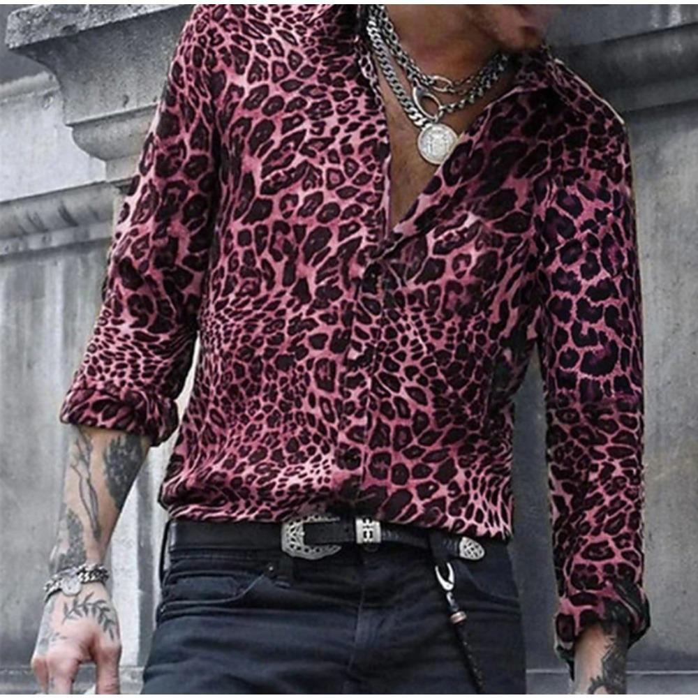Men's Leopard Printed Long Sleeve Shirts Casual Cardigan New Button Holiday Fashion Shirts
