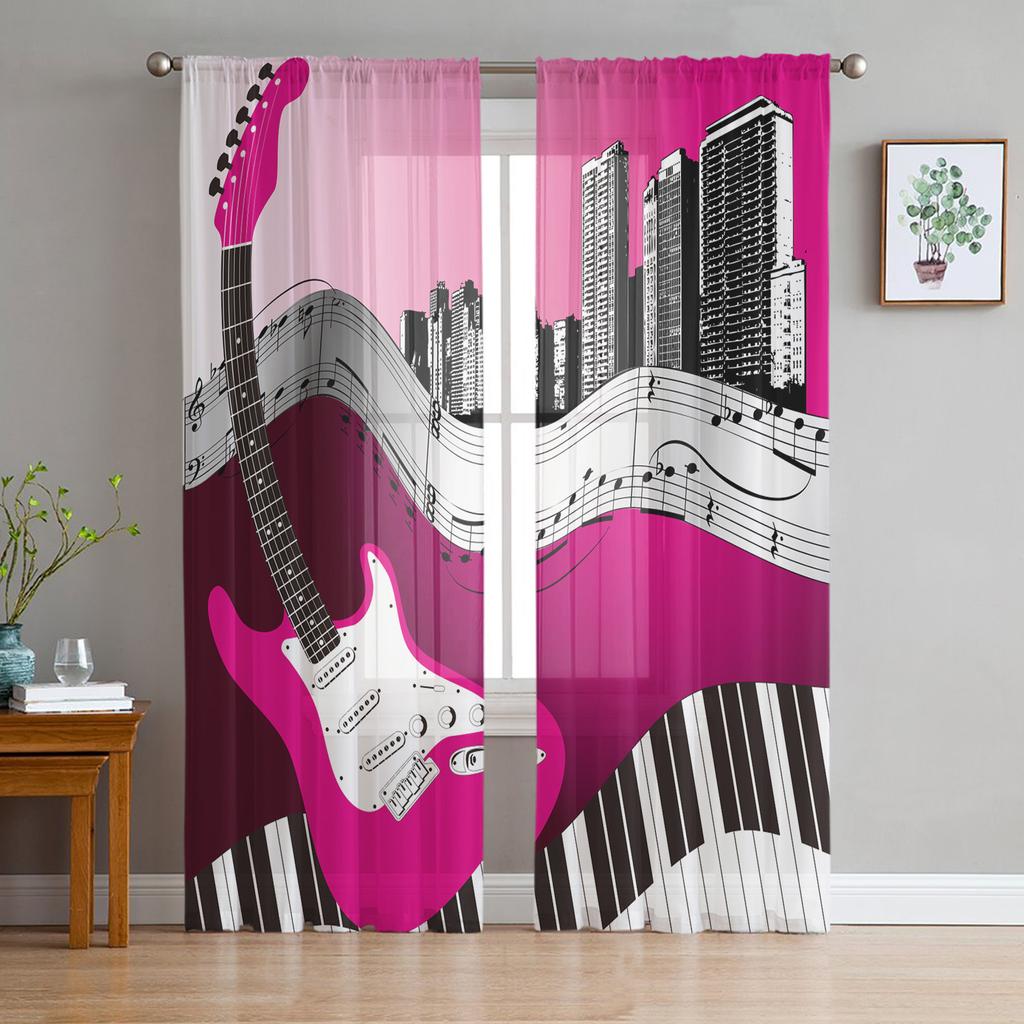 Rock Music Speaker Guitar Tulle Sheer Curtains for Living Room Decoration Window Curtain for Bedroom Voile Organza Drapes