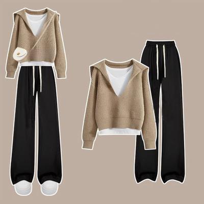 Dreiteiliges Herbst-Winter-Set für Damen, bestehend aus Hose mit weitem Bein und lässigem Stil, Pullunderweste mit V-Ausschnitt und langärmligem Strickoberteil, Outfit-Hosen-Set
