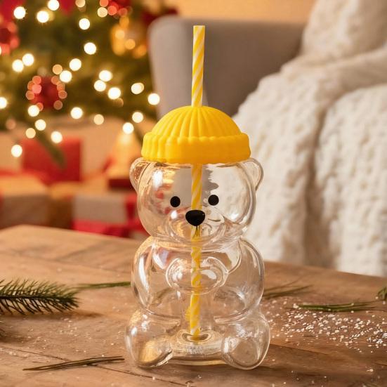 Bear Glass with Straw Thermal Resistant Cup for Coffee Beer Cocktails Cute Drinking Glass for Hot & Cold Beverages
