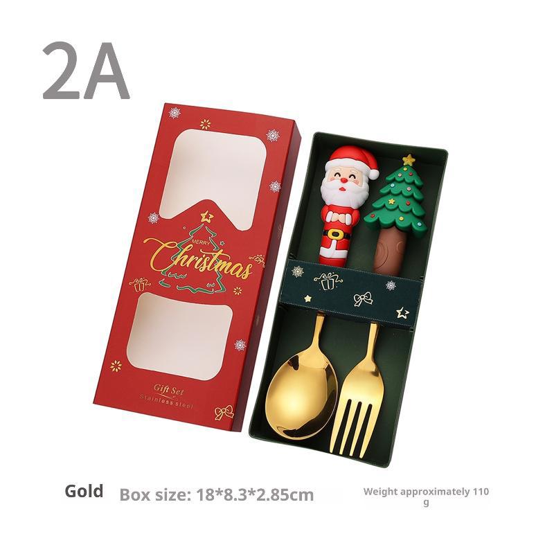 

4Pcs Christmas Gift Glod Silver Spoon Fork Set Elk Christmas Tree Decoration Dessert Scoop Fruit Fork Coffee Spoon Cutlery Set