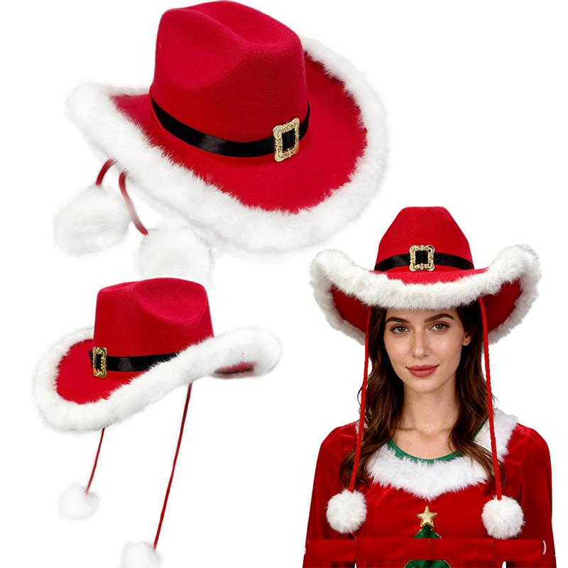 Christmas Party Cowboy Hat Comfortable Costume Accessories Headgear Wide Brim Women Cowgirl Hat Plush Ball Strings Western Hats