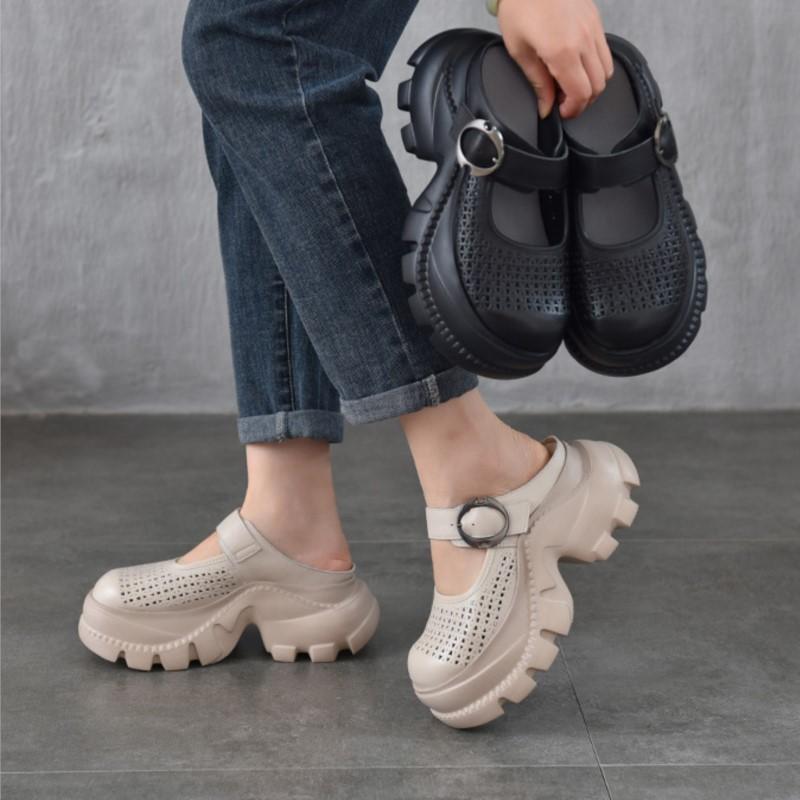 Johnature Легкі шльопанці з товстою підошвою та круглим носком з натуральної шкіри, перфоровані, дихаючі, жіноче взуття