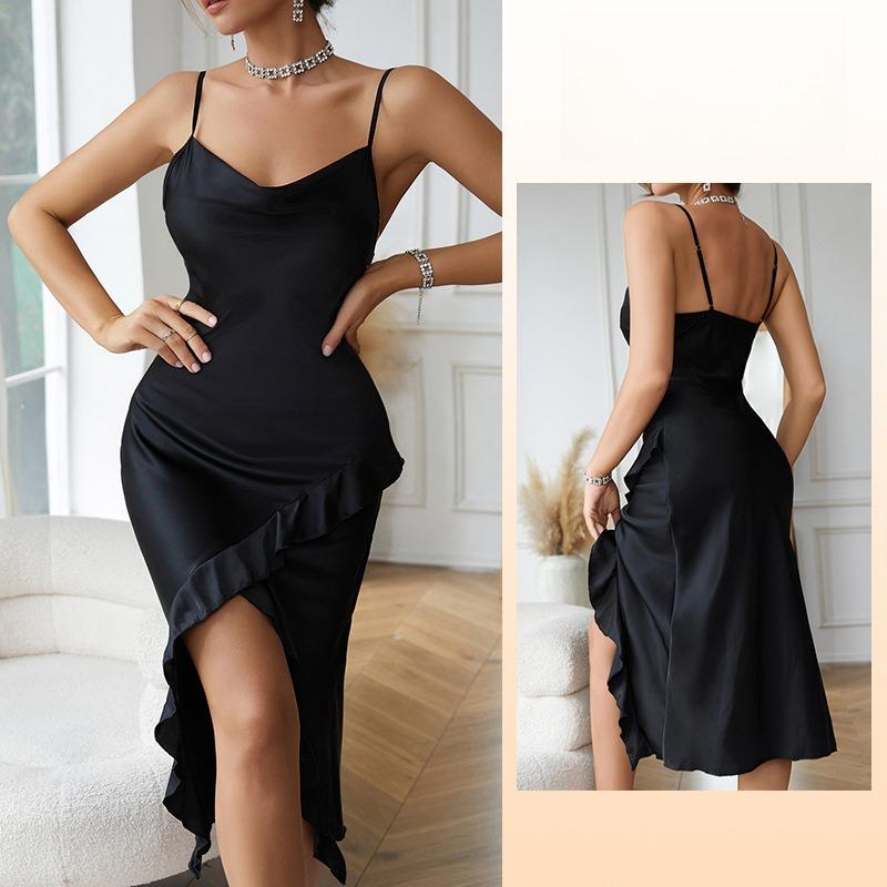 Women's Solid Color High Slit Nightgown Ruffle Trim Sexy Sleeveless Camisole Loungewear 635 Chic Versatile Sleepwear That Can Be Worn as a Mini Dress