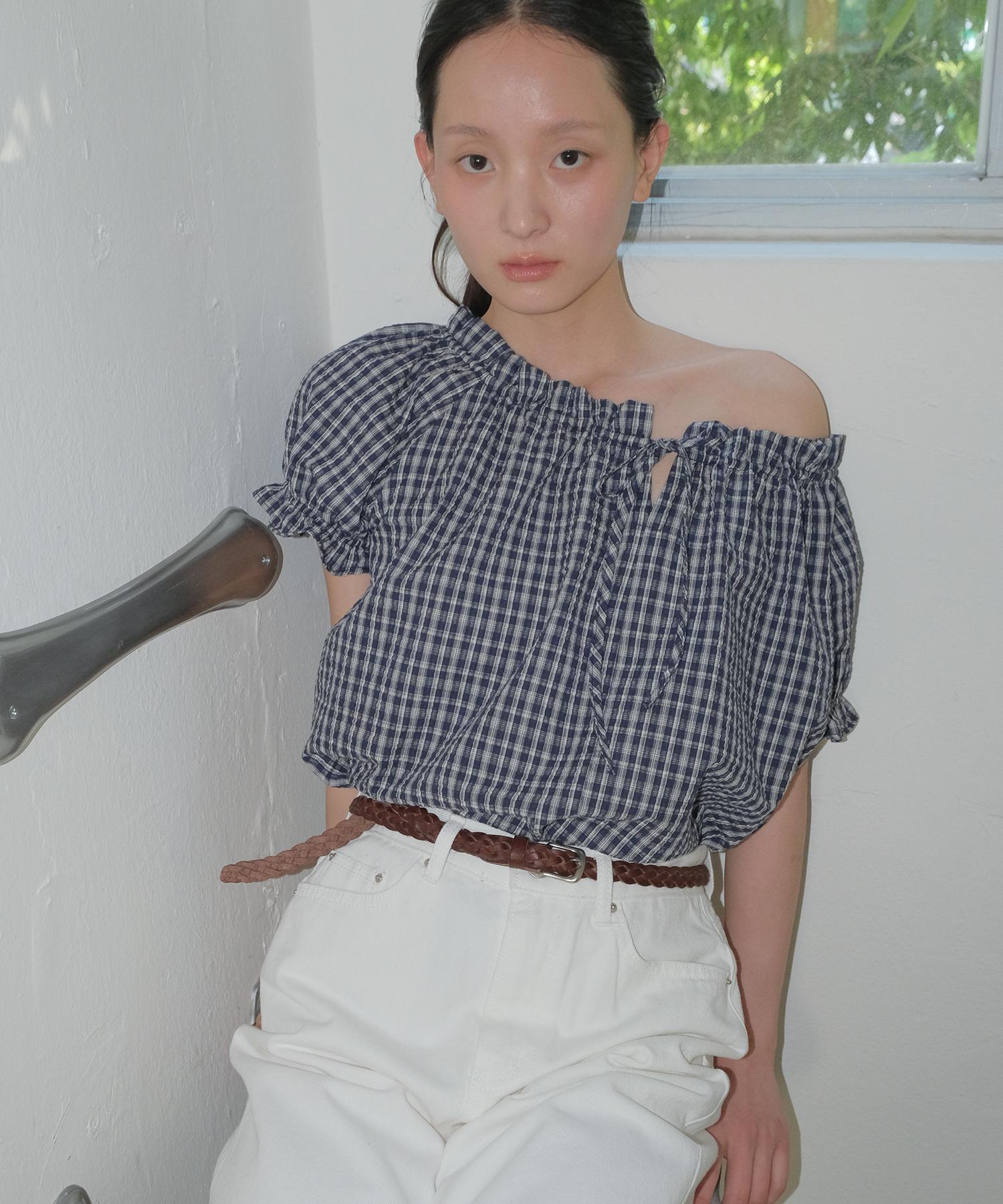 Soire Ruffle Hem Shirring Blouse - Check Check