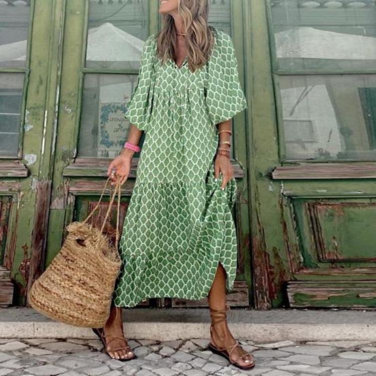 Autumn Bohemian Women Dress Geometric Print Ruffles Long Dress with Large Hem for Beach