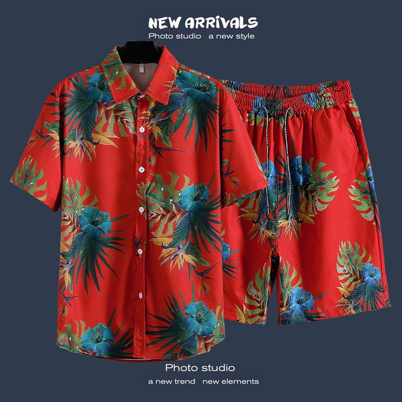 Men's Hawaiian Style Floral Summer Short Sleeve Shirt & Shorts Set