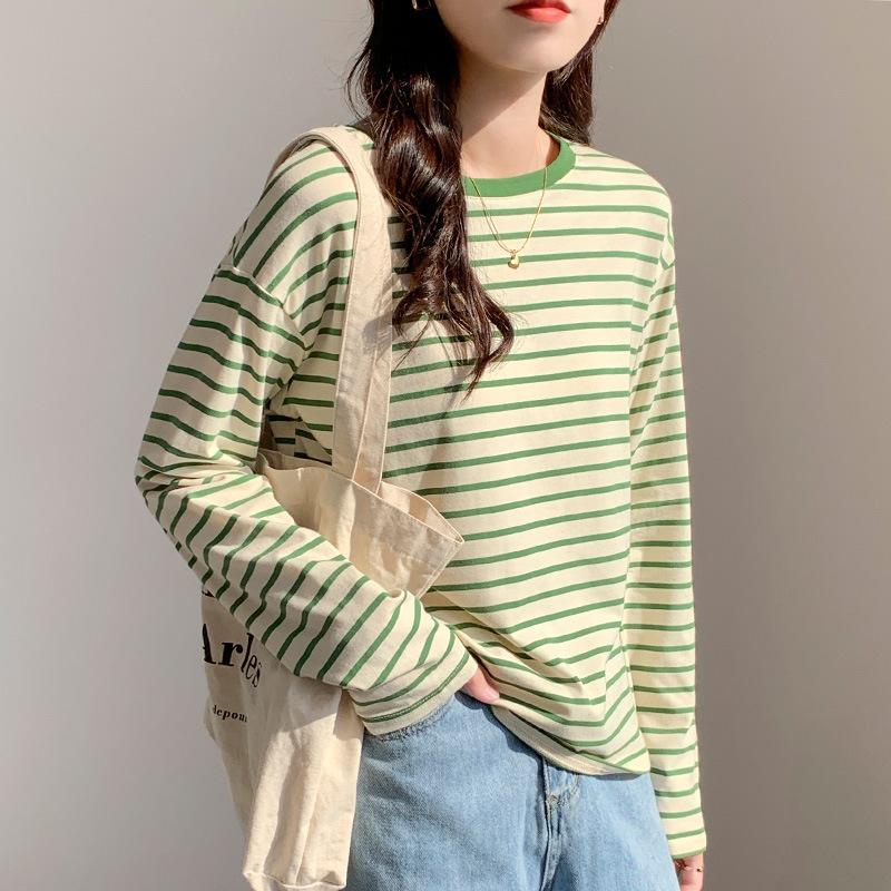Early Autumn Stripe Base Layer Women Round Neck Loose Versatile Long Sleeve Tee Casual Cotton Top Thin