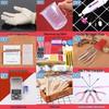 DIY Epoxid-Werkzeugset mit Handschuhen, Messbechern, Waage, Pinzetten, Tropfer, Schleifpapier, Politur und Stanze.