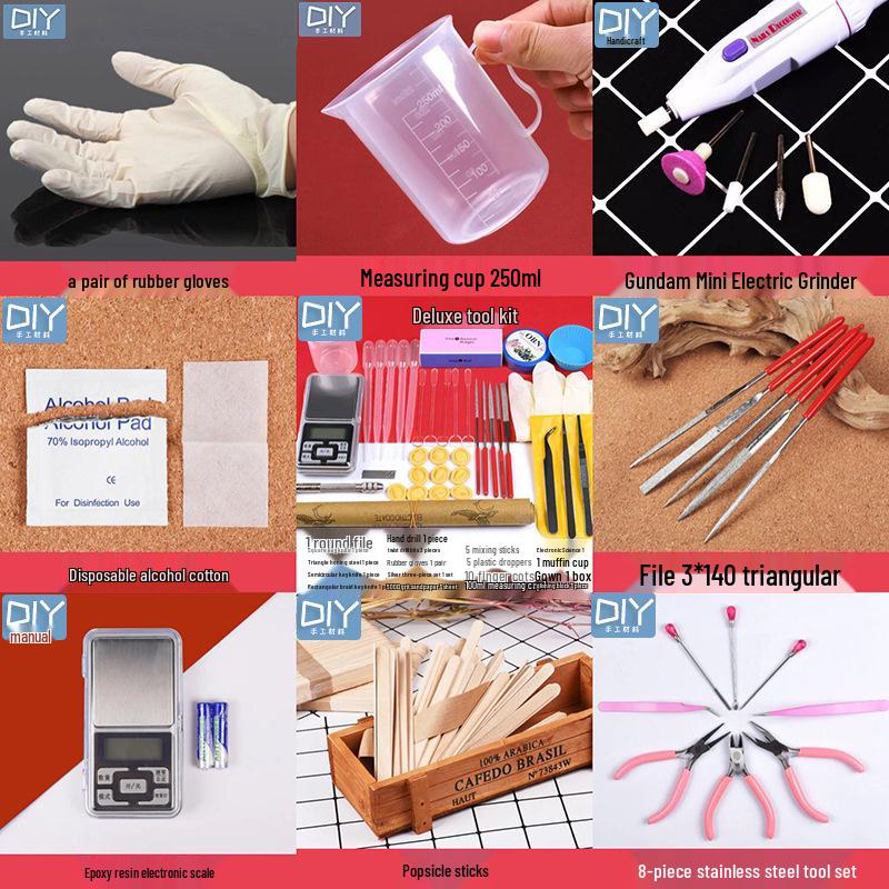 DIY Epoxid-Werkzeugset mit Handschuhen, Messbechern, Waage, Pinzetten, Tropfer, Schleifpapier, Politur und Stanze.