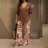 Women's V-Neck Mid Sleeve Top and Printed Wide Leg Pants Set