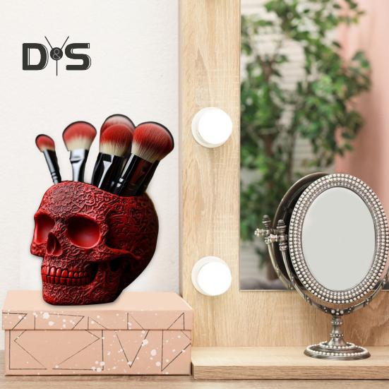 Makeup Brush Holder Skull Shape Large Capacity Makeup Brush Container Sturdy Resin Construction Storage Organizer