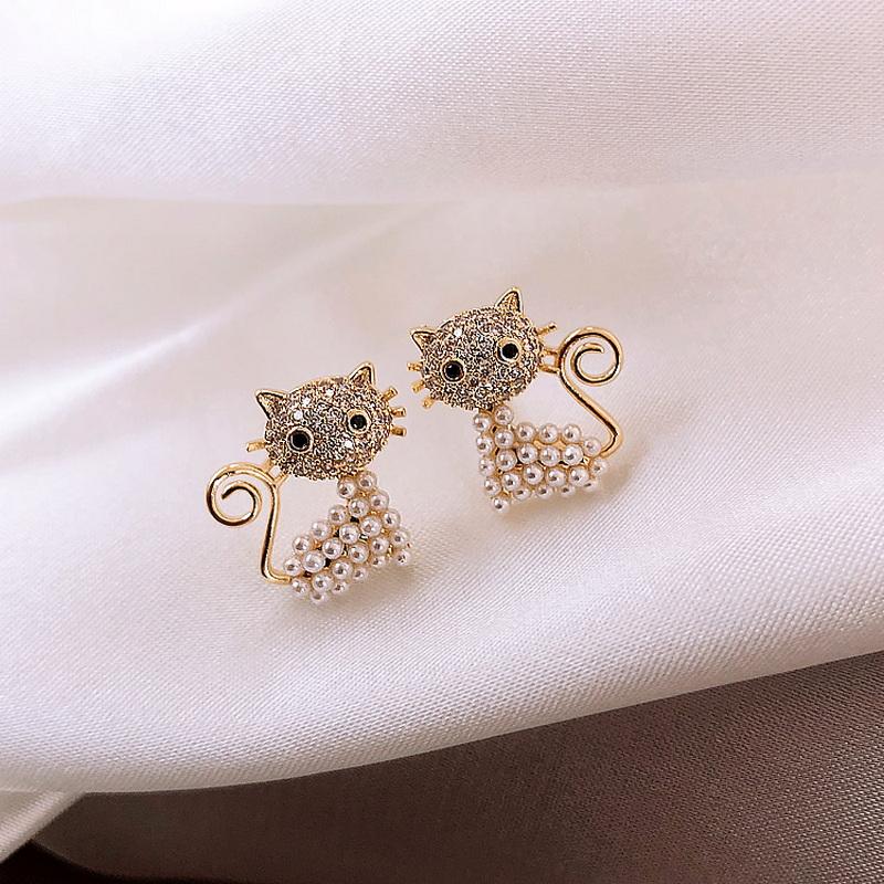 Cute Animal Stud Earrings For Women Cat Simulated Pearl Earring Kitten Horse Bird Rhinestone Earring Party Birthday Jewelry