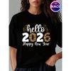 Womens Hello Graphic Print T Shirt Loose Casual Round Neck Short Sleeve Happy New Year Goodbye New Year Theme Top