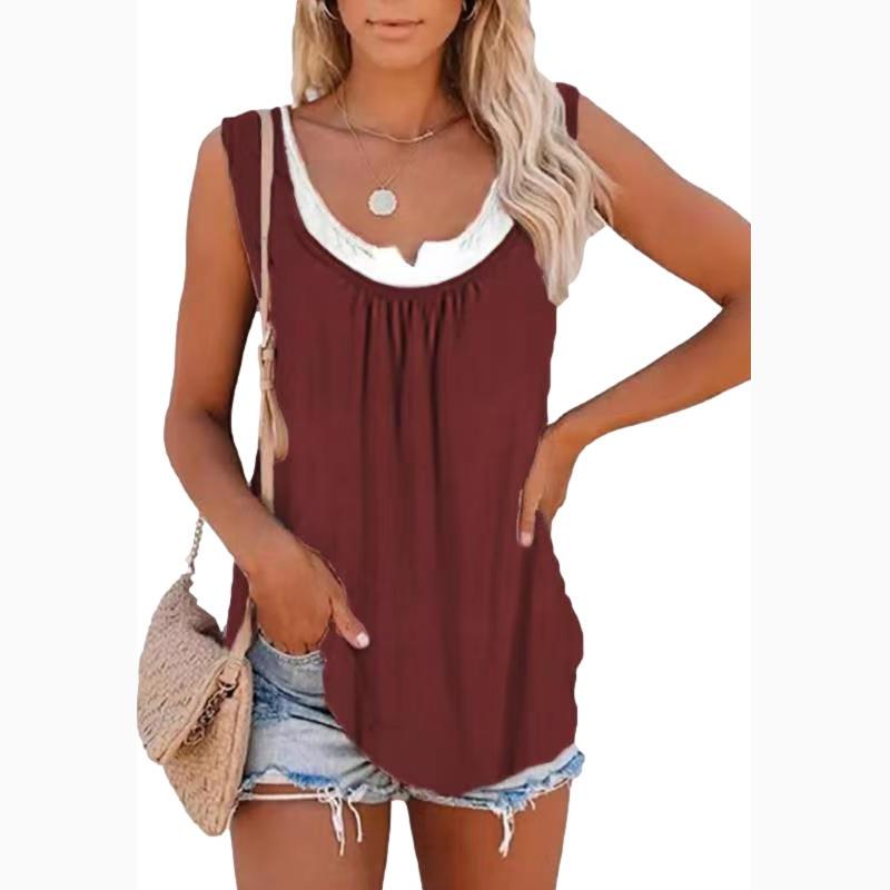 T-shirt con gilet senza maniche a due strati finto da donna patchwork estivo Canotta con fondo da donna elegante casual allentata
