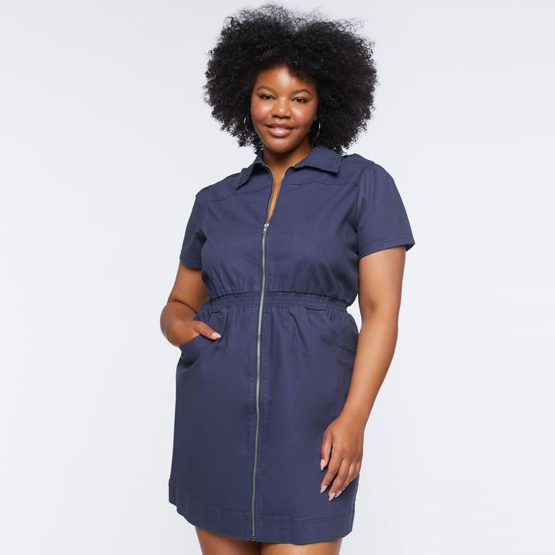 

V-neck 100.00kg Minimalist Tooling Style Zipper Dress Blue 0X