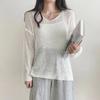 V-neck Fashion Loose Pullover Knitted Sweater Thin Sunscreen Blouse Women Long Sleeve Cover Up 2025 New Elegant Solid Knitwear Korean Solid Color Top