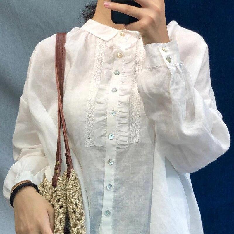 

Johnature винтажные осенние льняные кружевные женские топы, блузки, свободные японские женские рубашки на пуговицах One Size белый