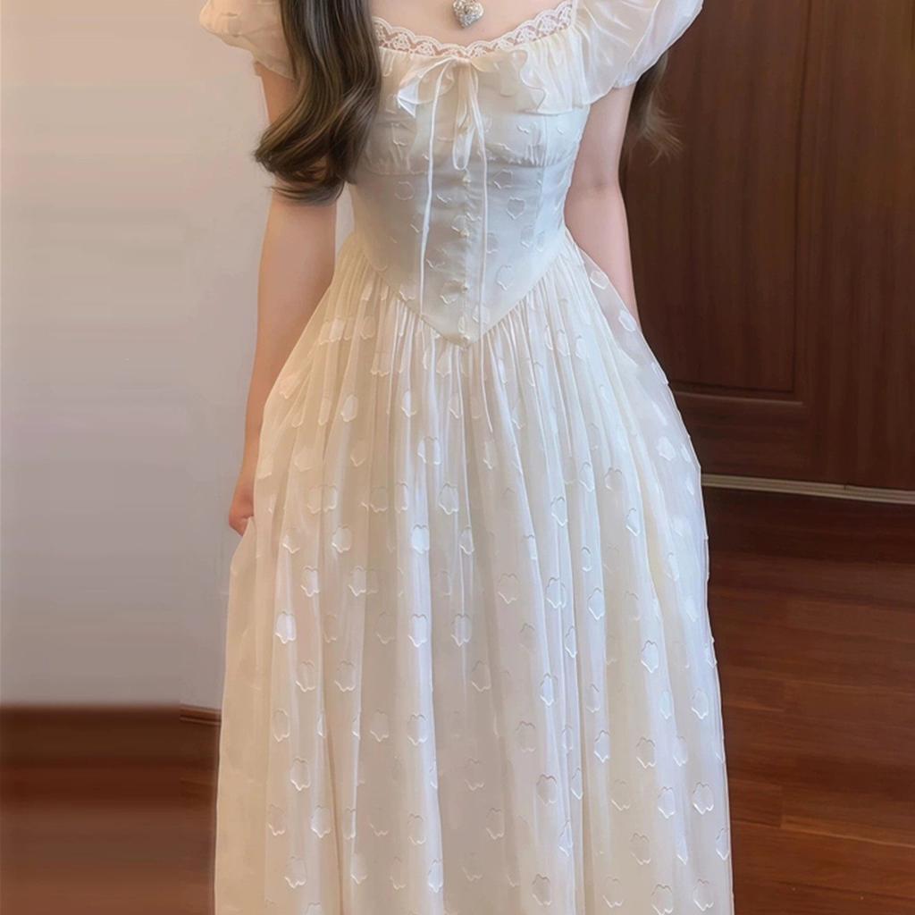 French bubble sleeve white dress women's summer new high-end temperament seaside vacation fairy long dress