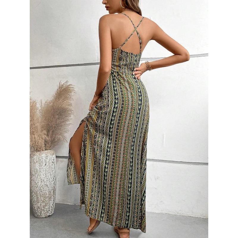 Women's Summer Ethnic Pattern Backless Split Thigh Dress Ladies Summer Clothes Fashion Frill Trim Long Dress Beach