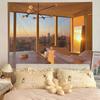 Sunset City Window View Tapestry, Warm Golden Hour Apartment Skyline Wall Hanging for Bedroom Living Room Home Decor