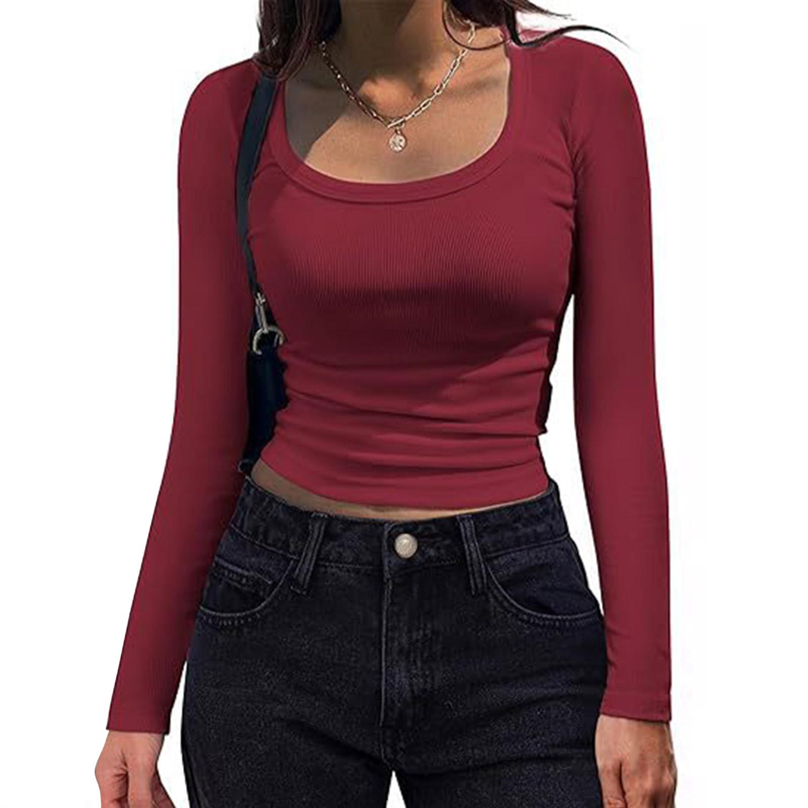 Women s Long Sleeve  Shirt R-Neck Casual Top XXL винный
