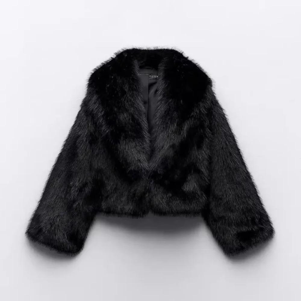 Giacca Corta Nera in Pelliccia Sintetica Soffice con Ampio Revers Moda Manica Lunga Oversize Corta Invernale Nuovo Capospalla High Street