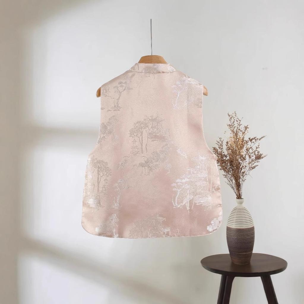 Improved Sleeveless Vest Vintage Crew Neck Button Brocade Jacquard Top Vest