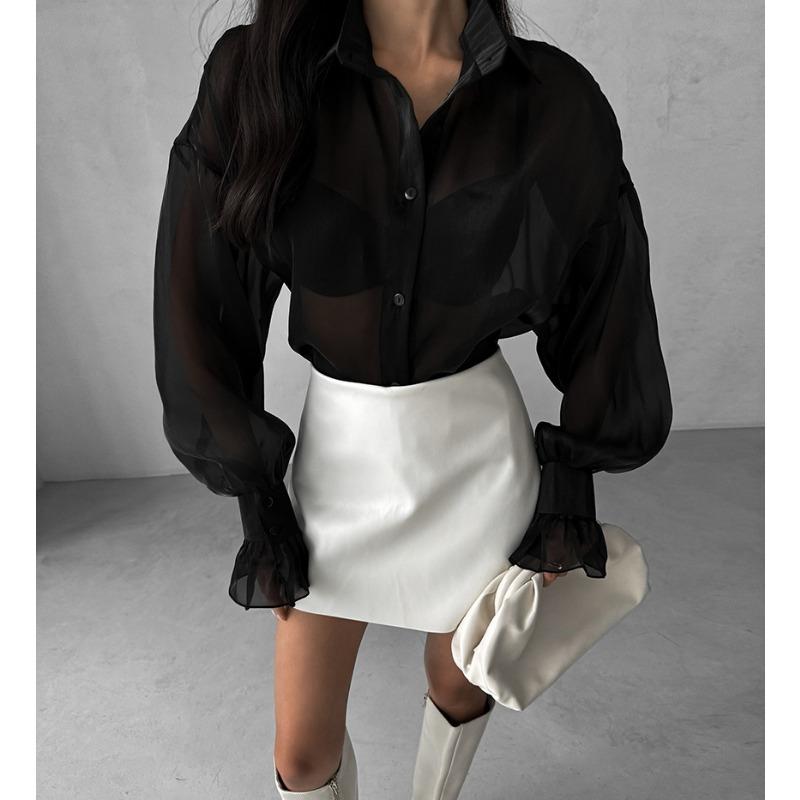 Women S French Style Sheer Mesh Long Sleeve Collared Shirt