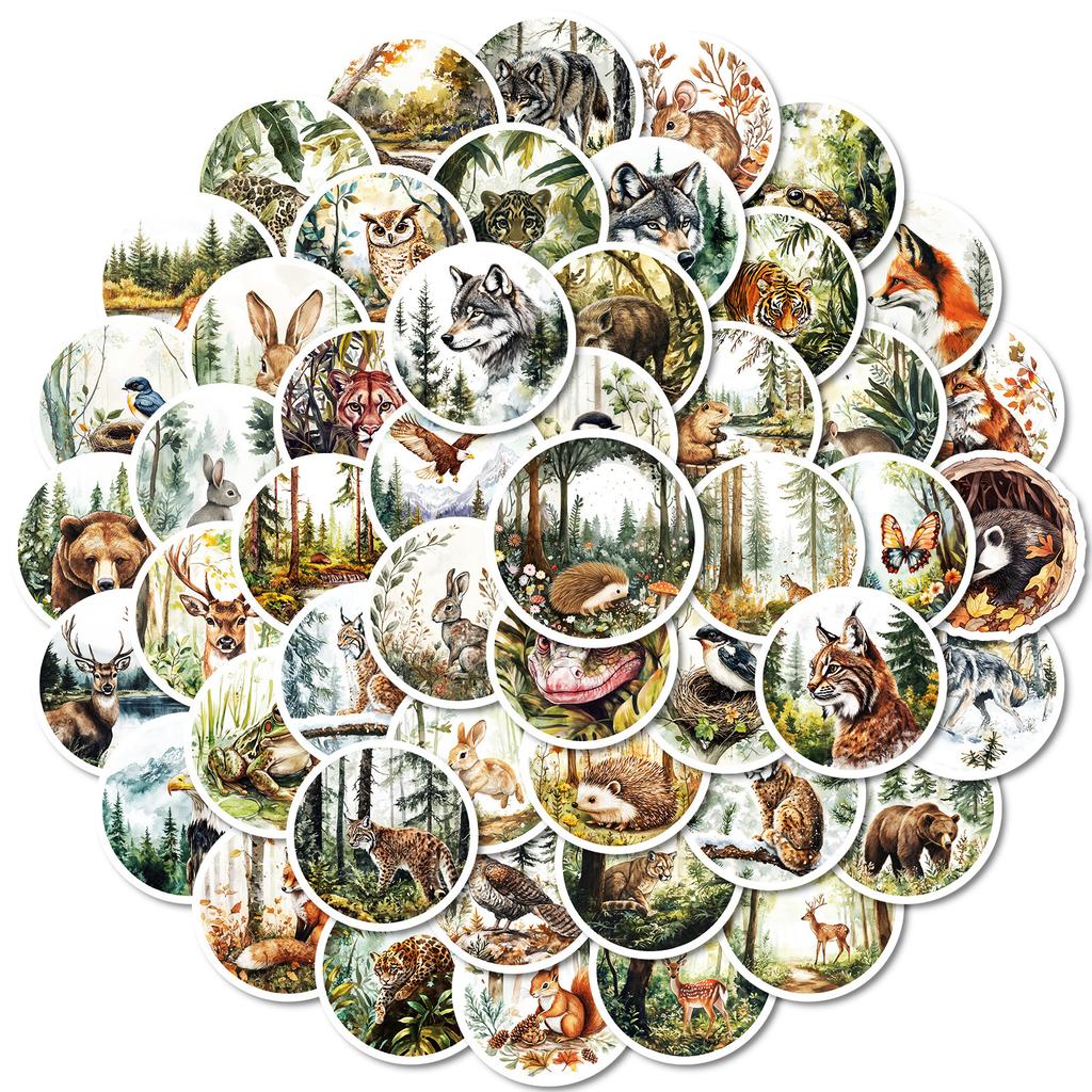 50 Round Vintage Style Watercolor Animal Graffiti Stickers Tiger Fox Rabbit Non-Repeating Stickers