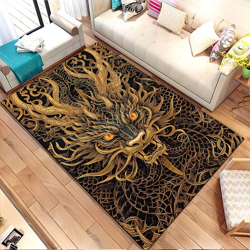 Golden Dragon Motif Rug Patterned Carpet, Non Slip Mat Suitable for Living Room and Bedroom Sofas