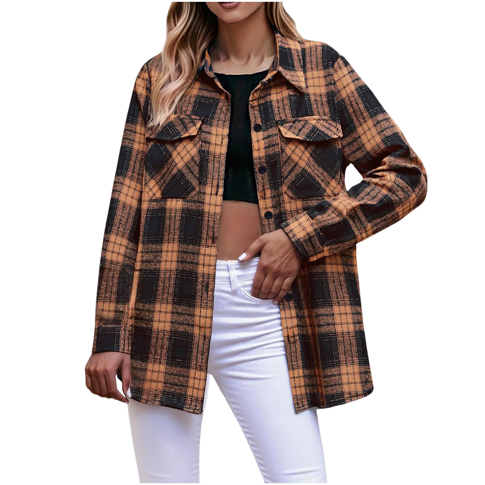 

Women s Fashion Long-Sleeve Button-Down Plaid Shirt With Pockets XXL коричневий