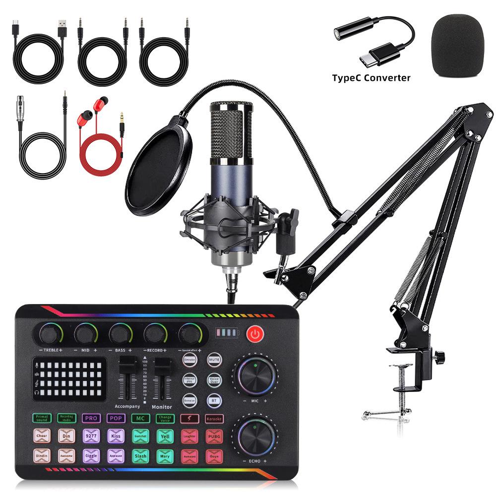 F998 Microphone F11 Podcast & Live Broadcast Set for Mobile & Computer, USB Sound Card Included
