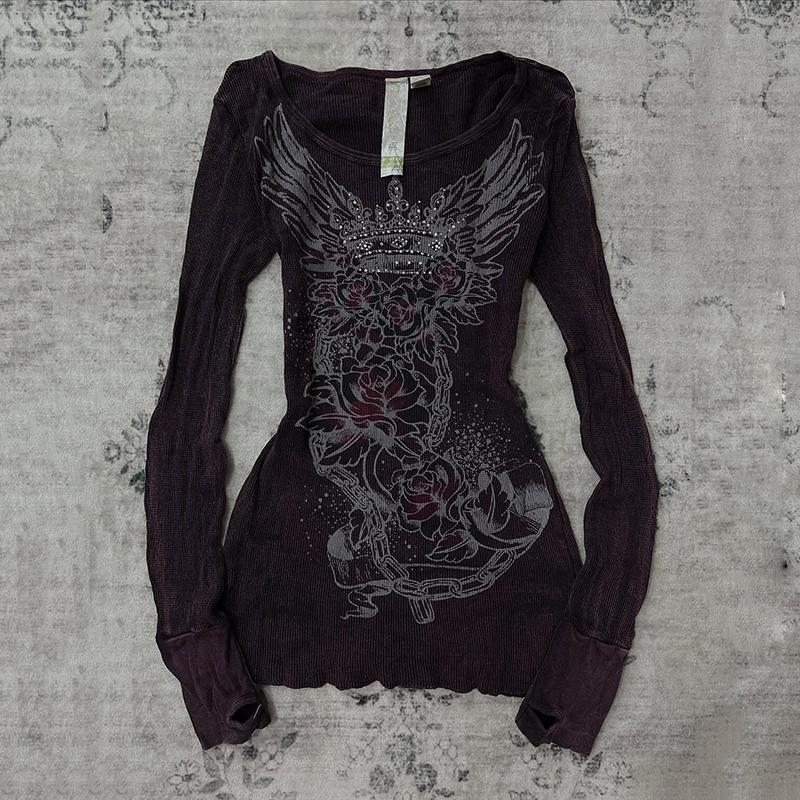 TrendHub Gothic Dunkler Stil Spicy Girl Langarm T-Shirt mit Aufdruck Herbst Retro Y2K Oberteil für Damen