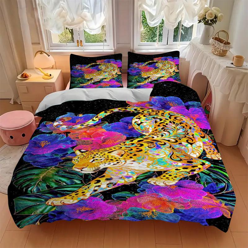 Floral Leopard Bedding 3 Piece Set HD Print Duvet Cover Pillowcases for Teens Adult Bedroom Decoration Christmas Gift