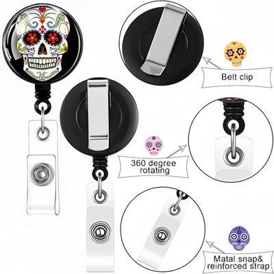 Halloween Skull Badge Reel Holder Clips Retractable Keychain Mexican Day Of The Dead Id Badge Reel Key Chain For Doctor Nurse