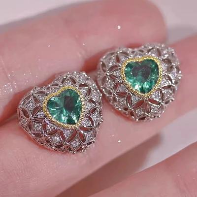 Huitan Aesthetic Heart Stud Earrings with Green Cubic Zirconia Fashion Novel Accessories for Engagement Luxury Elegant