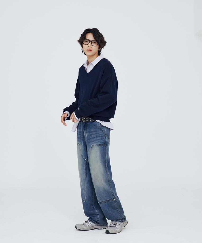 Modenaleudeo Double Knee Wide Denim Pants (Medium Blue)