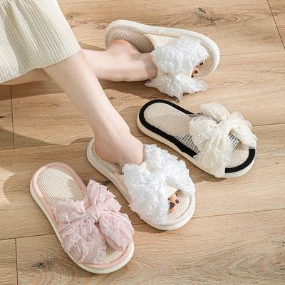 Pantoufles élégantes en poils de lapin, pantoufles en lin avec nœud, pantoufles d'intérieur, pantoufles d'été pour la maison, pantoufles en coton pour filles, chaussures de maison pour femmes, pantoufles roses