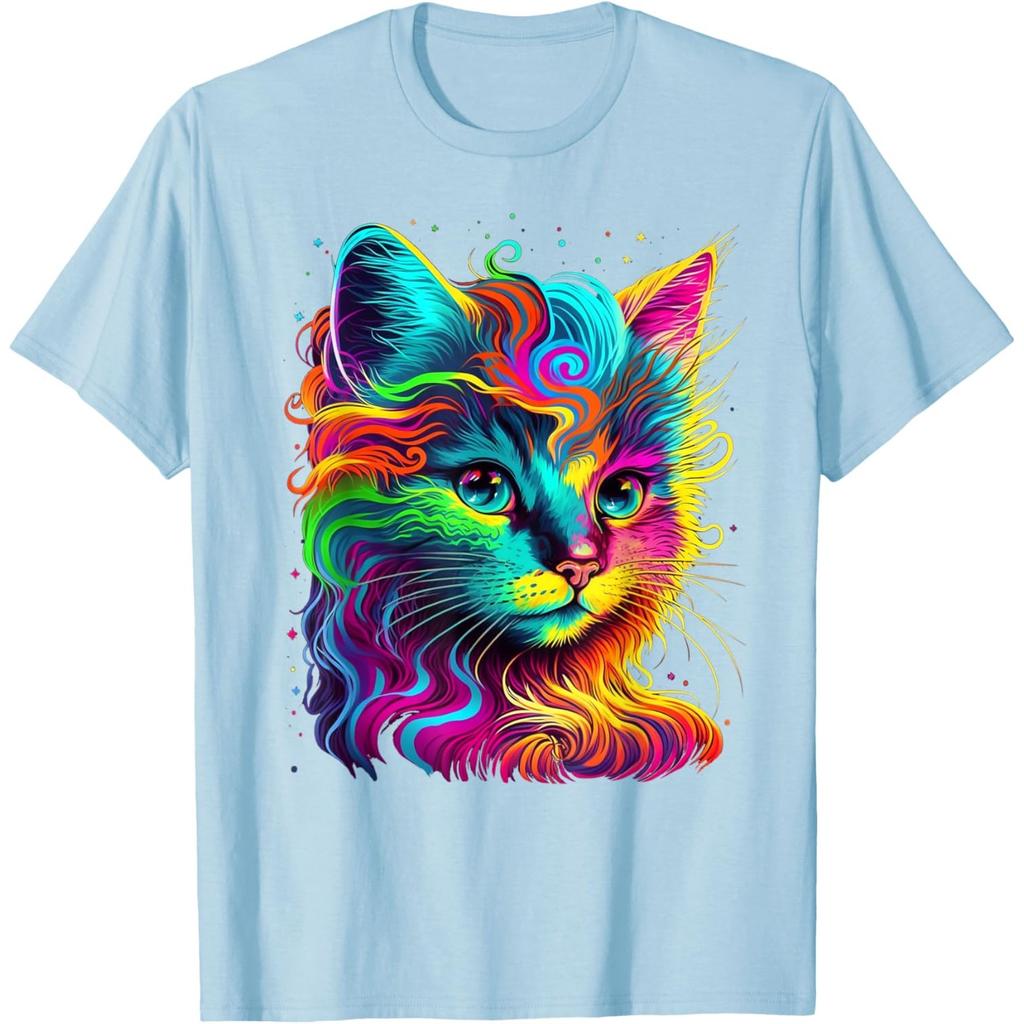 Psychedelic Cat Portrait Graphic Tee Colorful Rainbow Kitten Print Round Neck Tshirt