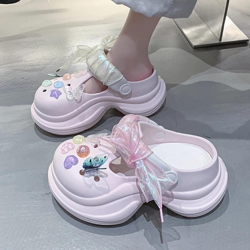 Fashion Colourful Butterfly Eva Clogs Shoes for Women Summer Laser Ribbon Wedge Sandals Woman Fashion Soft Thick Sole Slippers Female