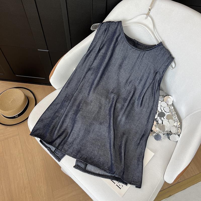 

Женский топ-майка без рукавов с разрезами, новинка лета 2025, свободный и уникальный шикарный топ премиум-класса без рукавов 3XL ([Recommended 138-75kg]) джинсовый синий