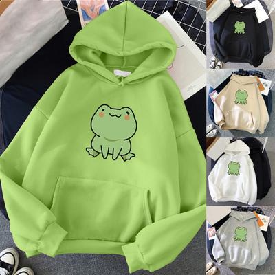 Unisex Hoodie Solid Color Frog Pattern Autumn Winter Korean Style Warm Sweatshirt for Daily Wear