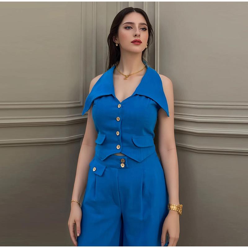 2025 spring and summer new women's solid color blouse sleeveless waist two-piece casual trousers suit