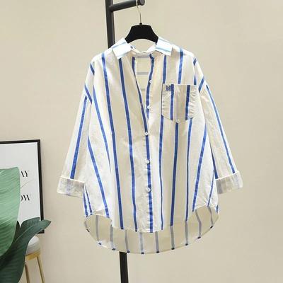 Spring Autumn Women's Oversized Youthful Design Patchwork Striped Shirt Summer Casual Long Sleeved Shirt Sunscreen Top