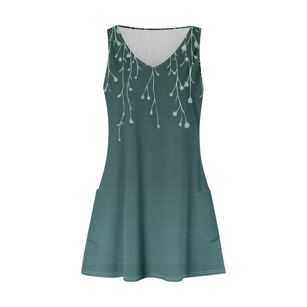 Women's Summer Casual Loose Floral Print Sleeveless Pocket Dress