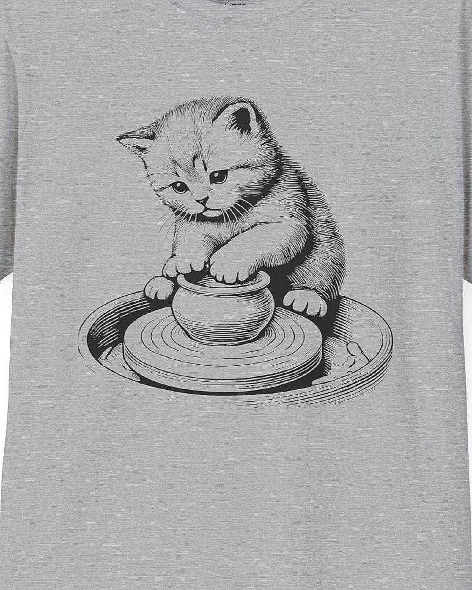 Engraving-Style Pottery Kitten Art Print / Unisex Softstyle T-Shirt 2XL