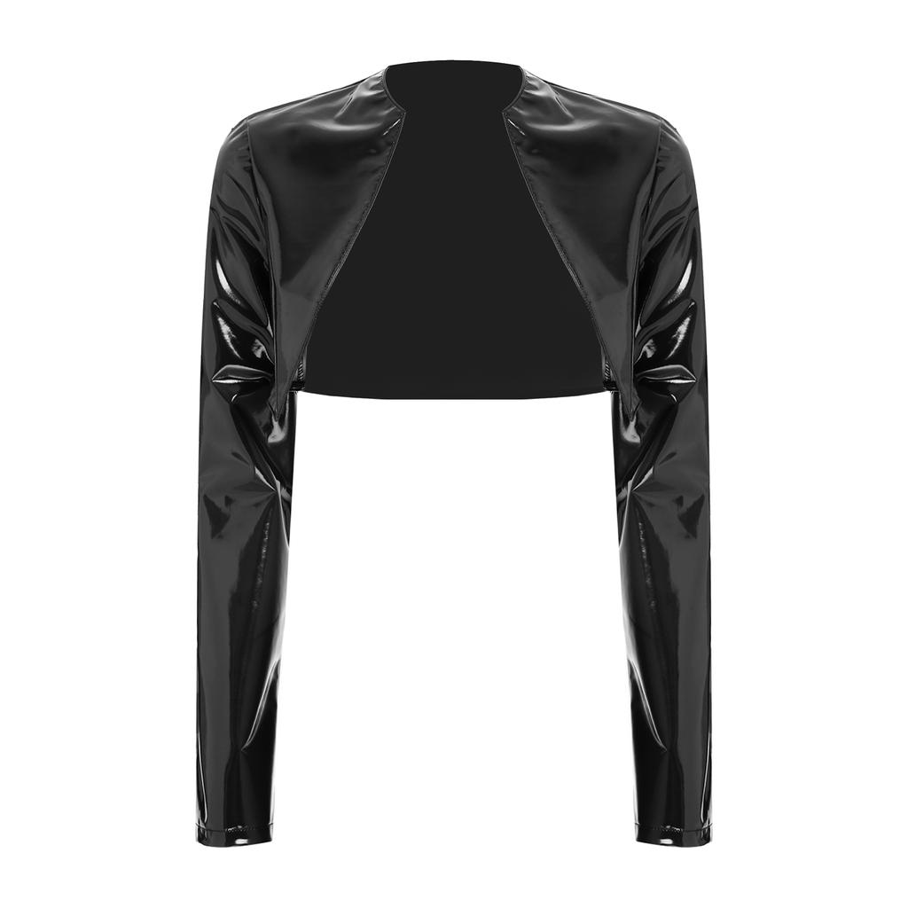 Dámská lesklá PU zkrácená bunda s otevřeným předním dílem, dlouhým rukávem, motorkářského stylu, top pro bikery, svrchní oblečení do klubu, na diskotéku