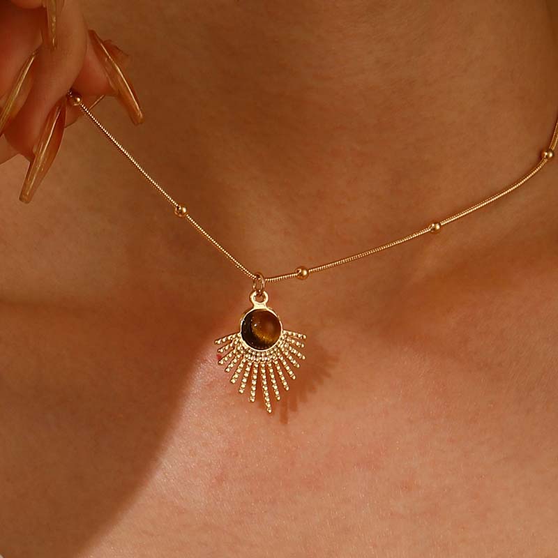 iF ME 5PCS Vintage Brown Opal Pendant Necklaces for Women Maillard Gold Color Metal Geometric Choker Necklaces Y2K Jewelry Accessories