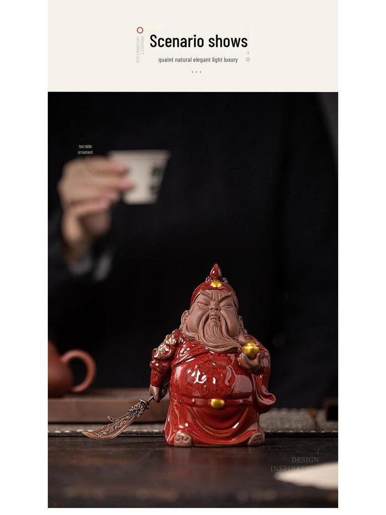 Guan Gong Martial Saint Statue: Ceramic Guan Yu Ornament for Tea Room, Living Room, or Study Decor.